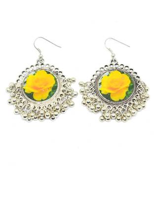 Flower Print Danglers In Oxidized Metal  Yellow Rose Pattern 1