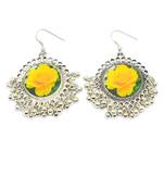Flower Print Danglers In Oxidized Metal  Yellow Rose Pattern