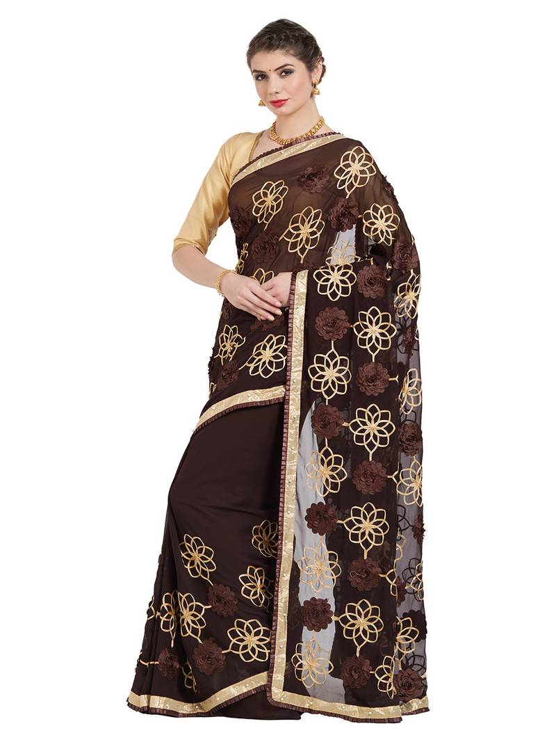 Brown Ribbon Georgette Banarsi Silk saree Blouse