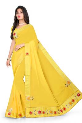 Yellow Woven Georgette Saree With Blouse 4