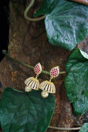 Cz  Red Colour Stone Jhumkas