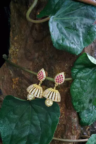 Cz  Red Colour Stone Jhumkas