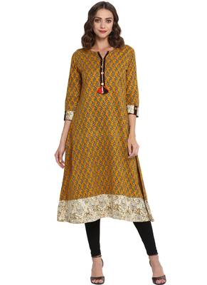 Mustard printed cotton long kurti 1