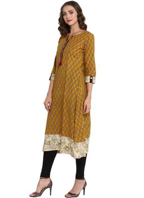 Mustard printed cotton long kurti 3