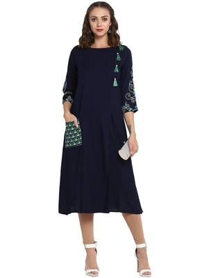 Blue plain cotton poly long kurti 1