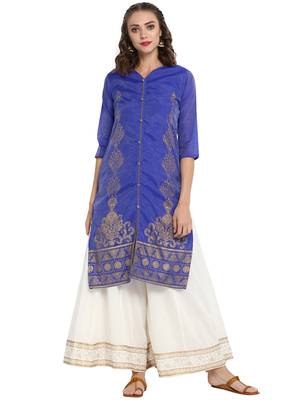 Blue plain chanderi long kurti 1