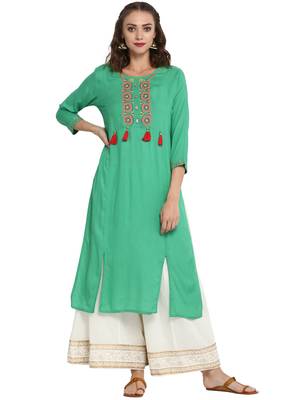 Turquoise embroidered viscose long kurti 1