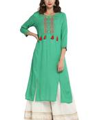 Turquoise embroidered viscose long kurti