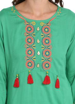 Turquoise embroidered viscose long kurti 5