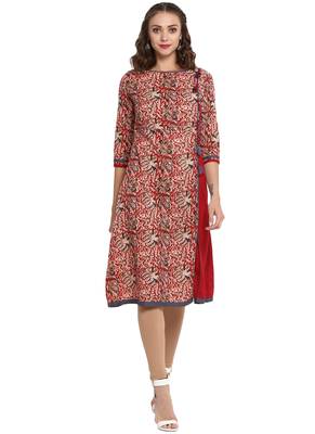 Red printed cotton long kurti 1