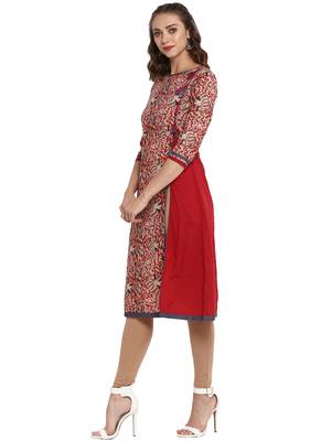 Red printed cotton long kurti 3