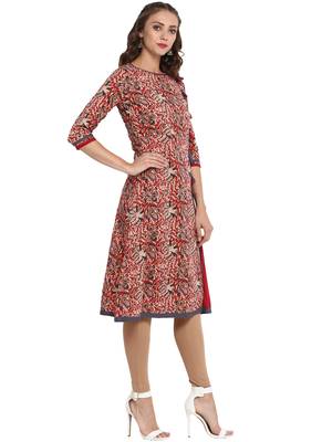 Red printed cotton long kurti 4