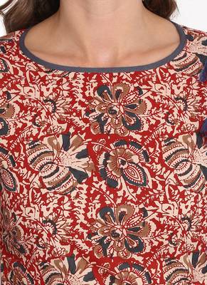 Red printed cotton long kurti 5
