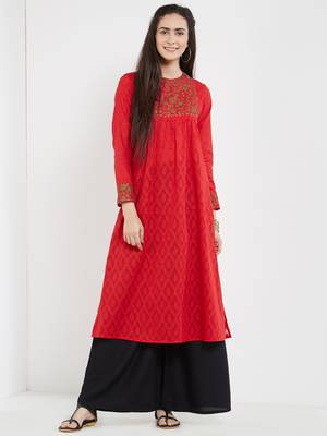 Red embroidered cotton kurti 1