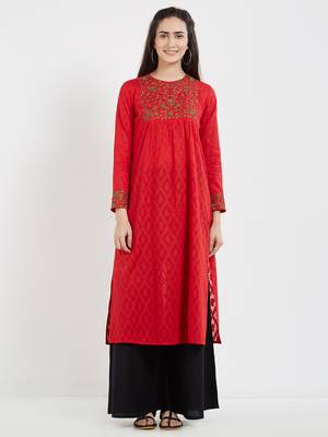 Red embroidered cotton kurti 2