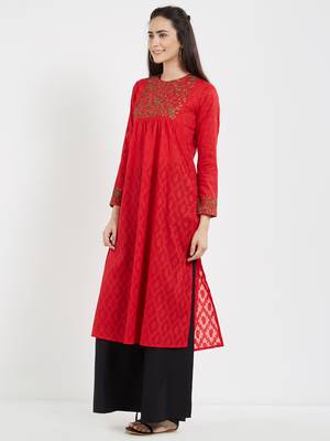 Red embroidered cotton kurti 4
