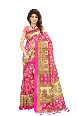 Pink printed art silk saree with blouse 1