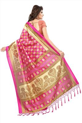 Pink printed art silk saree with blouse 2