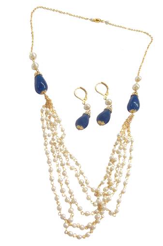 9blings Pearl Blue Stone Multistrand Necklace Earring Set