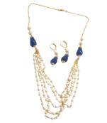 9blings Pearl Blue Stone Multistrand Necklace Earring Set