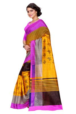 Yellow Printed Bhagalpuri Cotton Saree With Blouse 3