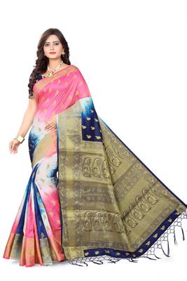 Navy Blue Woven Banarasi Cotton Saree With Blouse 1