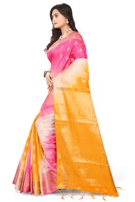 Light Yellow Woven Banarasi Cotton Saree With Blouse 4