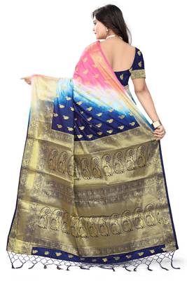 Navy Blue Woven Banarasi Cotton Saree With Blouse 3