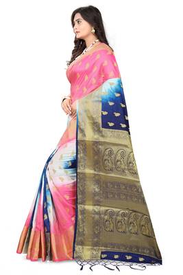 Navy Blue Woven Banarasi Cotton Saree With Blouse 4