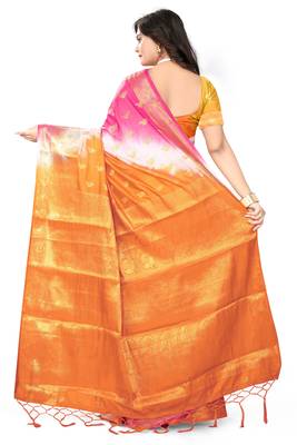 Orange Woven Banarasi Cotton Saree With Blouse 3