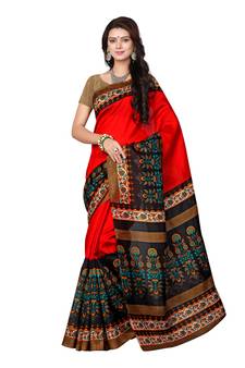 Red printed bhagalpuri silk saree with blouse