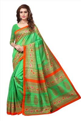 Green printed bhagalpuri silk saree with blouse 1