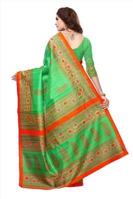 Green printed bhagalpuri silk saree with blouse 2