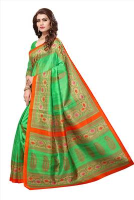 Green printed bhagalpuri silk saree with blouse 4
