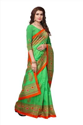 Green printed bhagalpuri silk saree with blouse 5
