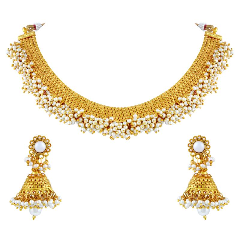 Gold Plated Traditional White Choker Necklace Jewellery Set For Women/Girls