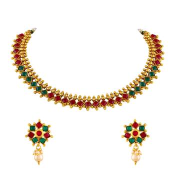 Square Shape Traditional Gold Plated Choker Style Necklace Set For Women 5