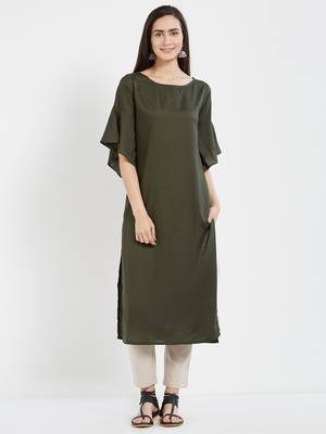 Dark green plain cotton kurti 2