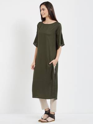 Dark green plain cotton kurti 4