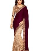 Maroon plain velvet saree with blouse