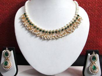 Green Stone Pearl Gota Ghungaru Necklace Set 1