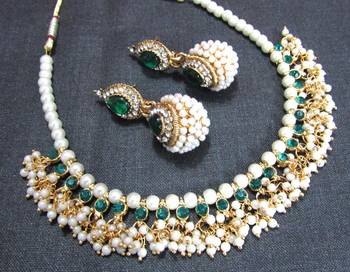 Green Stone Pearl Gota Ghungaru Necklace Set 2