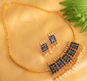 Gorgeous gold plated blue green temple necklace set - DJ16661 1
