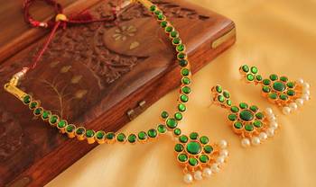 Gorgeous gold plated green temple necklace set - DJ17521 1