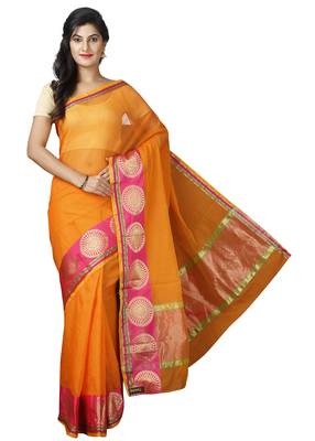 Orange plain cotton saree with blouse 1