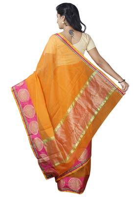 Orange plain cotton saree with blouse 2