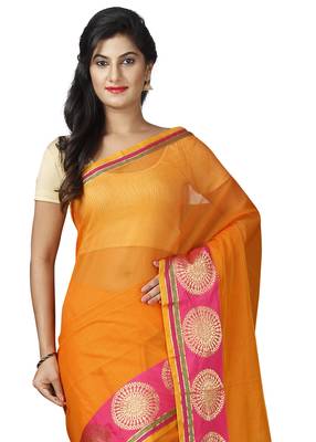 Orange plain cotton saree with blouse 3