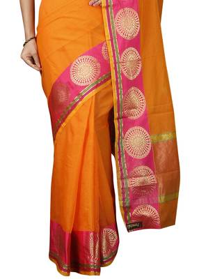 Orange plain cotton saree with blouse 4