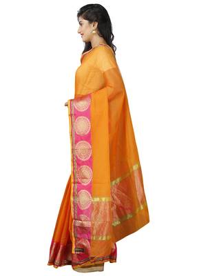 Orange plain cotton saree with blouse 5