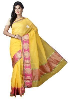 Yellow plain cotton saree with blouse 1